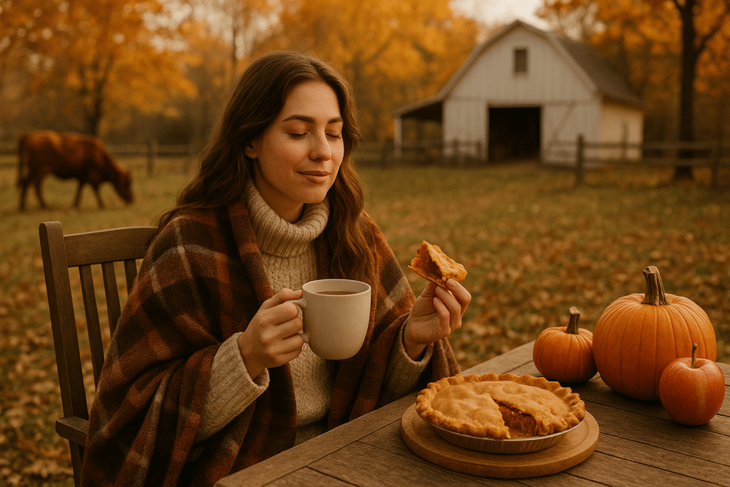 Immagine rettangolare orizzontale, realistica in stile fotografico, che racconti l'argomento relax e gusto in fattoria nella stagione autunnale